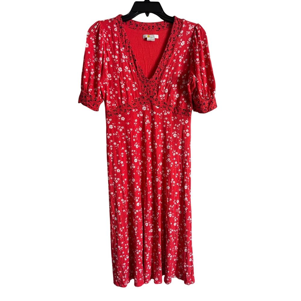 Boden Ava Jersey Midi Dress Red Short Sleeve Floral Size 6 Petite Stretch